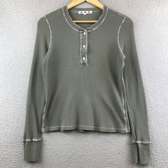 AMO Womens Medium Waffle Knit Henley Long Sleeve Top Made in USA Olive Green - Picture 1 of 9